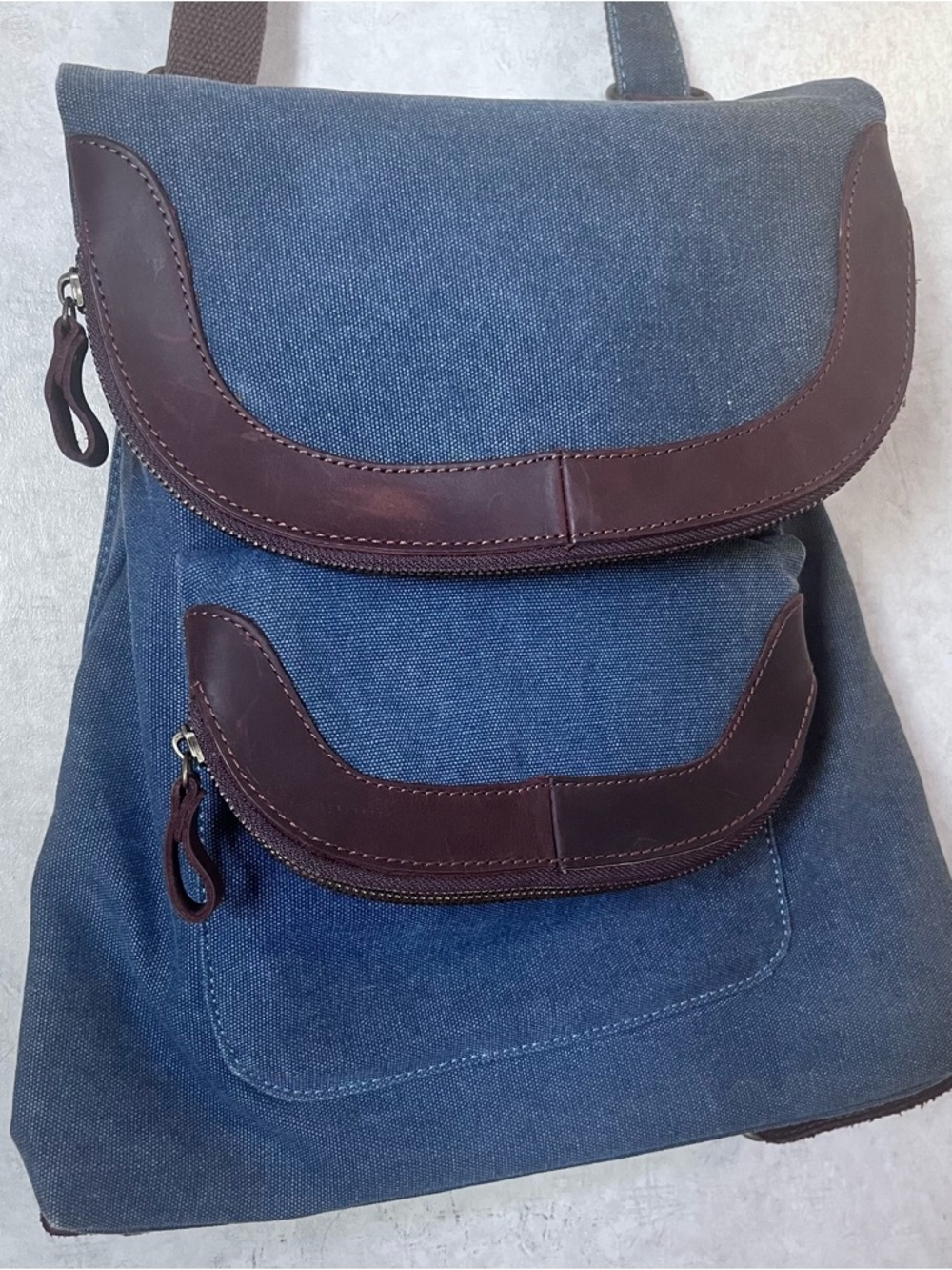 Blue Canvas Crossbody Backpack with Brown Leather Trim
